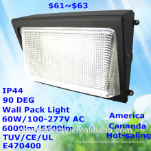 popular de la venta de américa canada mercado ip44 60 w 100lm / w alta eficiencia del lumen tuv ce ul e470400 led paquete de luz de la pared luz led